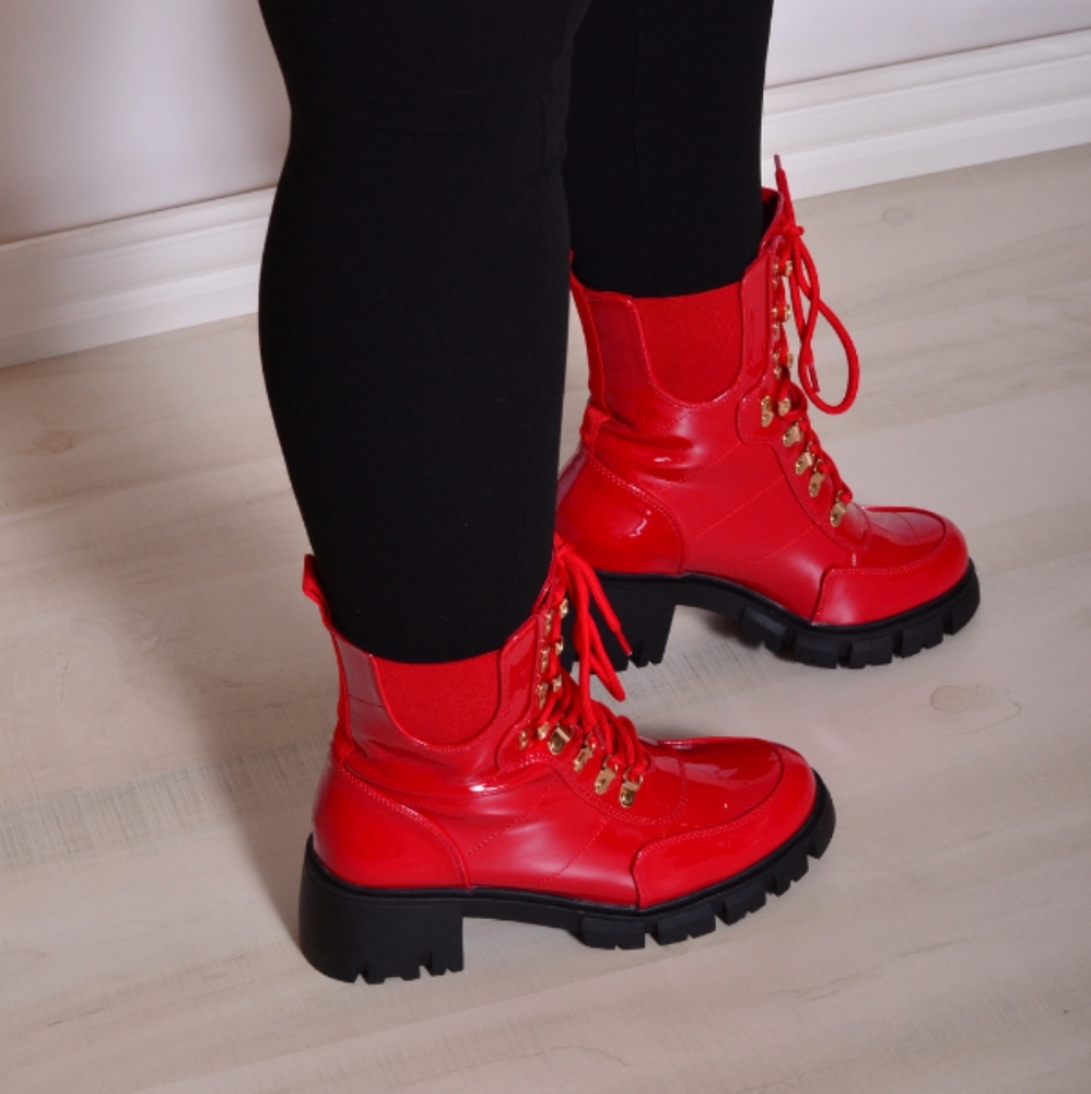 Red PU Laced Up Combat Boots